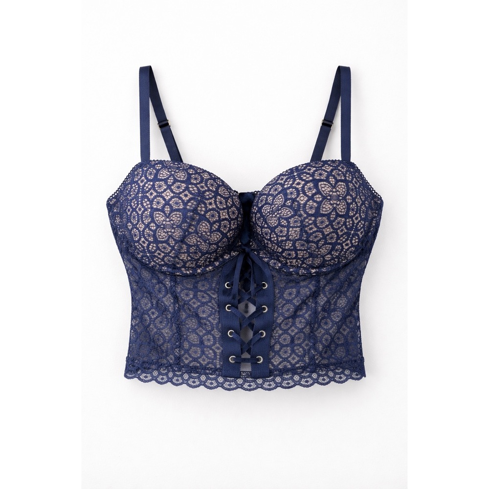 Victoria's Secret Bustier Bra Womens 34D Blue Lace Up Padded Demi Zip Back NEW